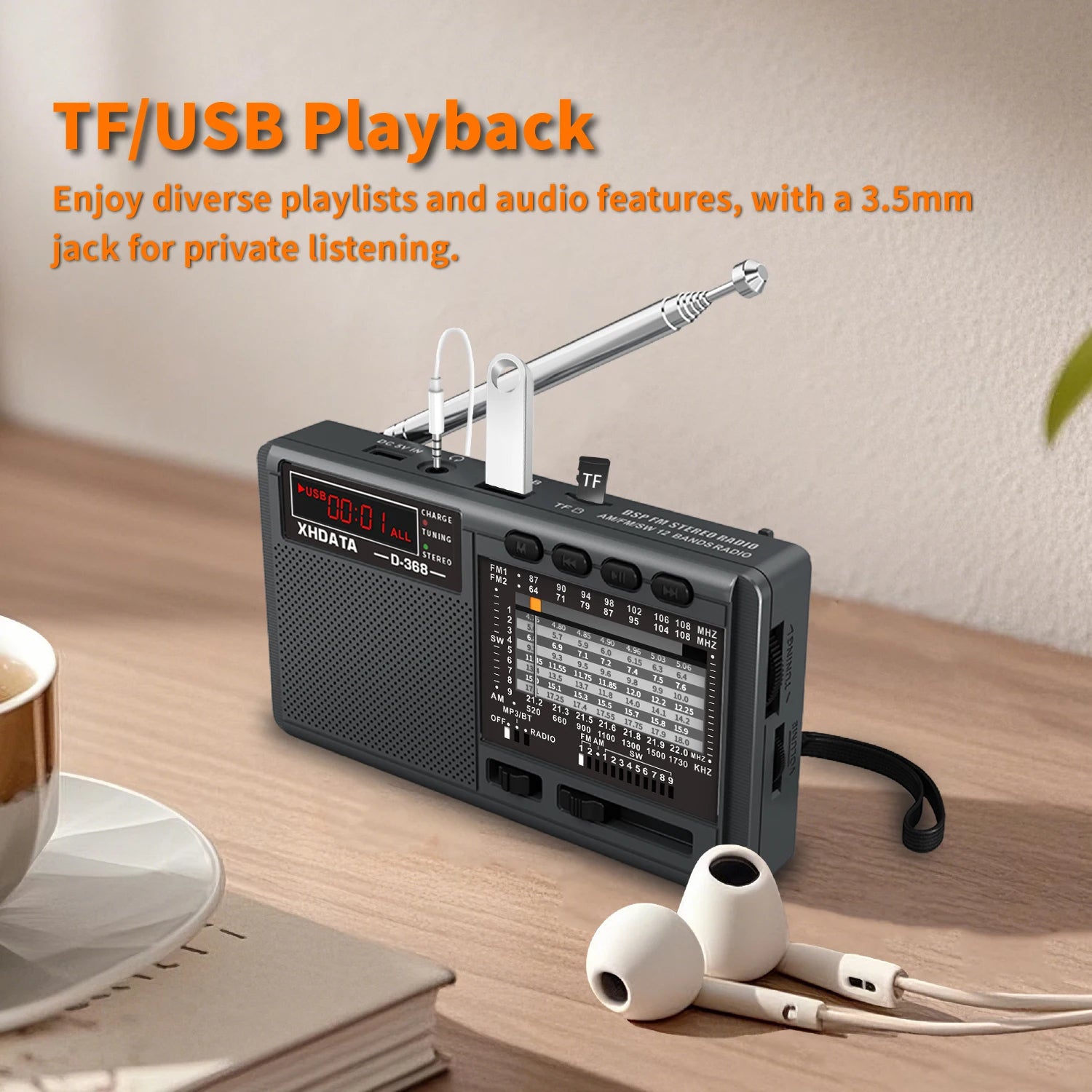 XHDATA D-368 Portable Stereo Radio FM AM SW Bluetooth MP3 Player TF USB Rechargeable - EXPROTAS