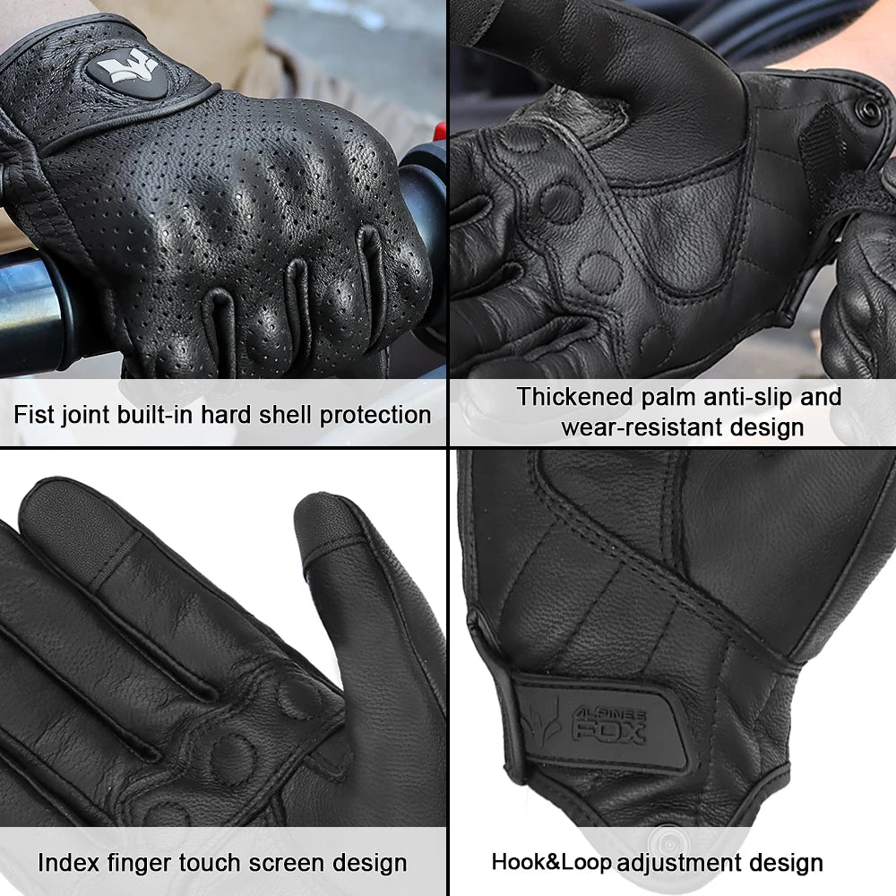 Vintage Leather Motorcycle Gloves Retro Protective Touchscreen Perforated Unisex