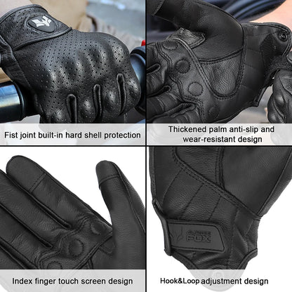 Vintage Leather Motorcycle Gloves Retro Protective Touchscreen Perforated Unisex