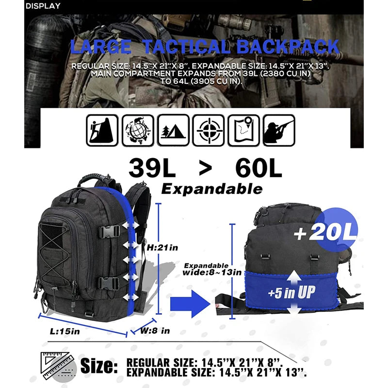 65L Outdoor Bag Tactical Backpack Waterproof Rucksack for Hiking Camping