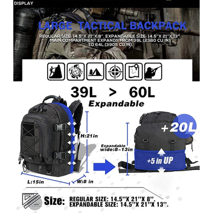 65L Outdoor Bag Tactical Backpack Waterproof Rucksack for Hiking Camping