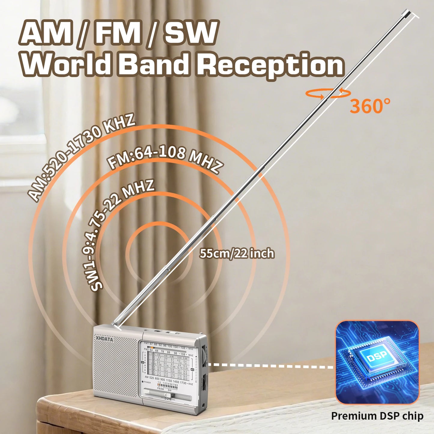 XHDATA D219 Portable DSP Radio AM FM MW SW Worldband Receiver 1kHz Fine Tuning - EXPROTAS