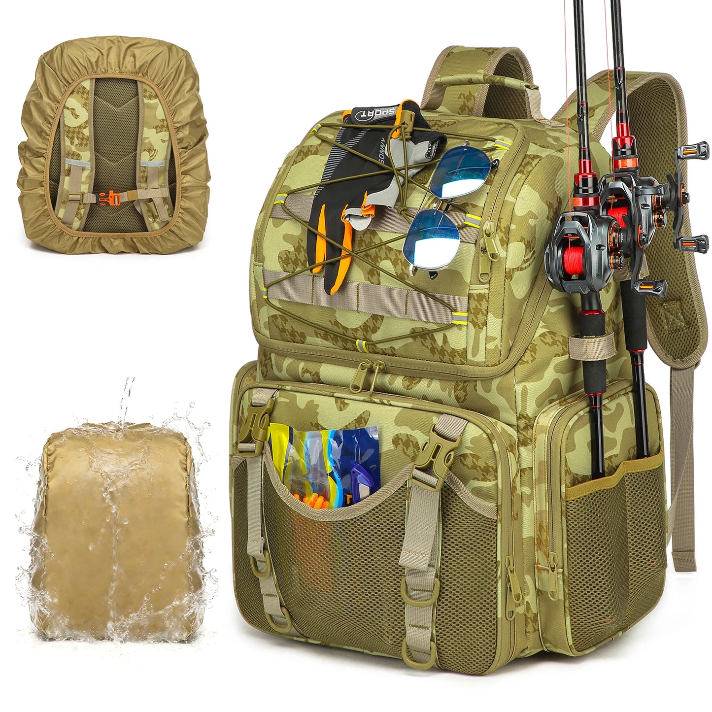 Fishing Tackle Bag 45L Backpack with Cooler & Rod Holders Waterproof Gear