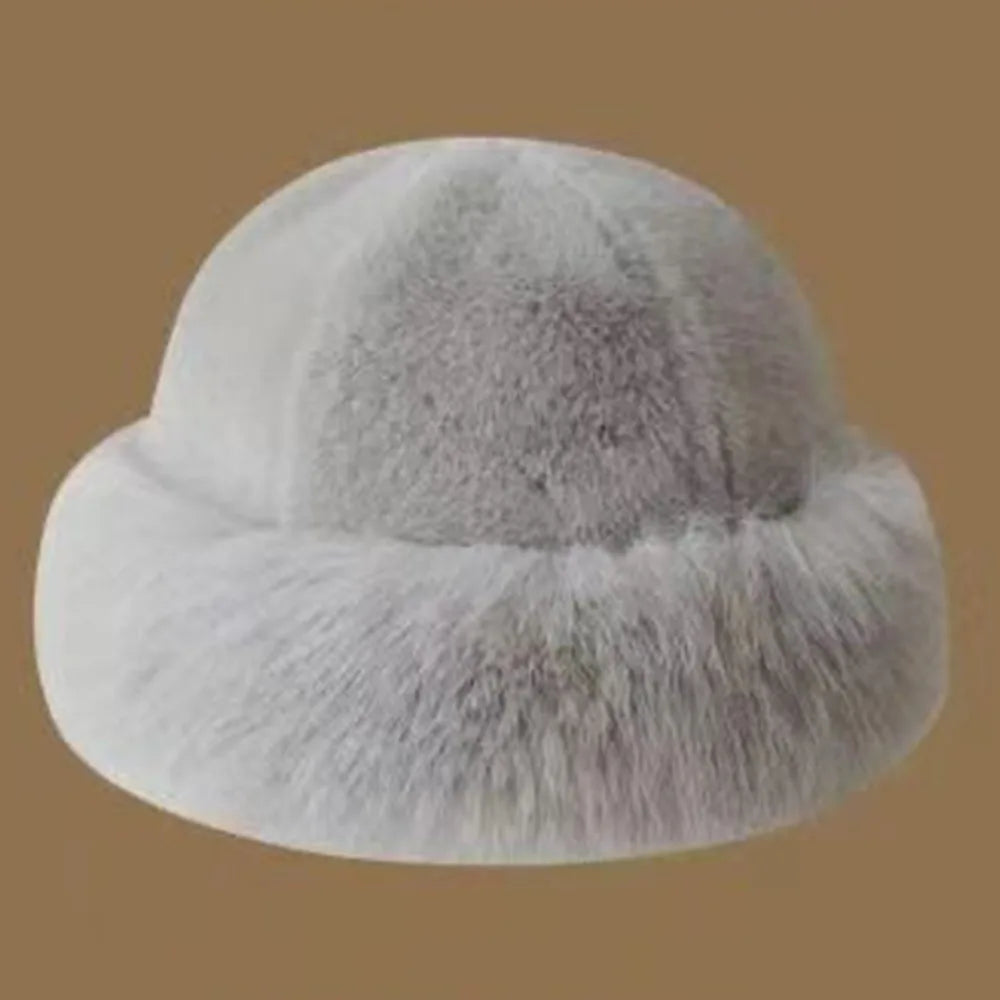 Fluffy Fur Bucket Hat Women Winter Warm Plush Fisherman Cap Thick