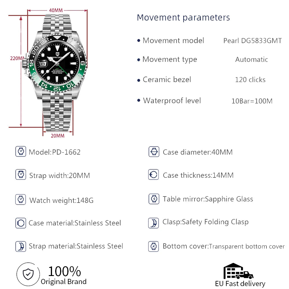 PAGAN DESIGN PD-1662 Luxury GMT Men Mechanical Wristwatch Sapphire Glass Stainless Steel 100M Waterproof Automatic Watches-EXPROTAS