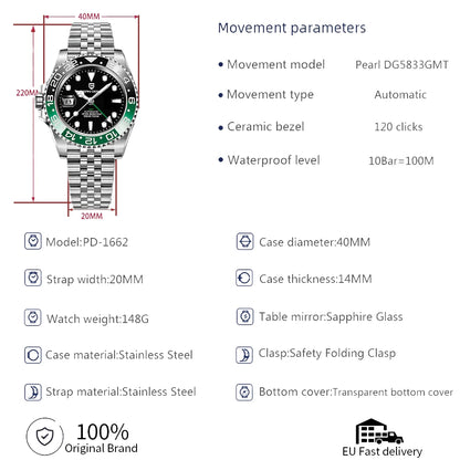 PAGAN DESIGN PD-1662 Luxury GMT Men Mechanical Wristwatch Sapphire Glass Stainless Steel 100M Waterproof Automatic Watches-EXPROTAS