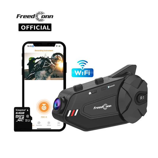 Freedconn R1Plus Bluetooth Motorcycle Helmet Intercom Headset with WiFi App and Dash Cam