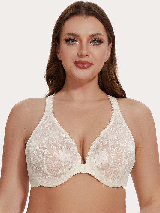 MELENECA Women’s Plus Size Front Closure Racerback Underwire Bra Unlined Lace - EXPROTAS