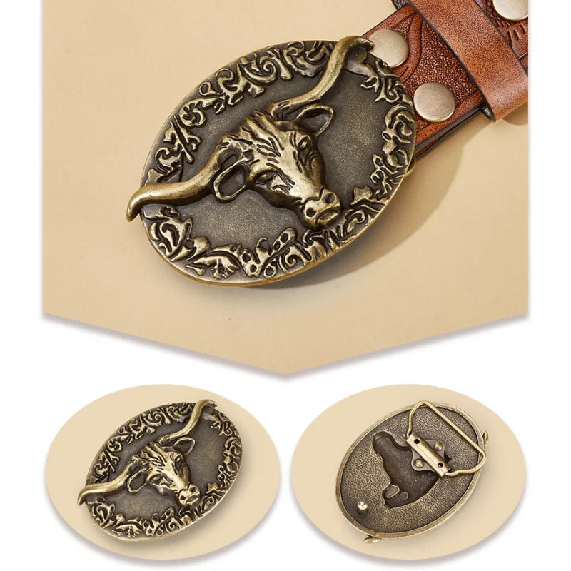 Cowboy Leather Belt Western Longhorn Bull Floral Engraved Buckle for Men
