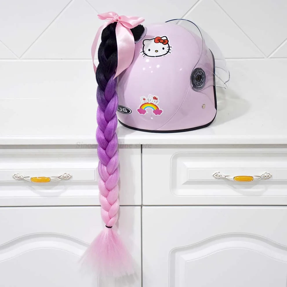 Motorcycle Helmet Braids Wig for Women Ponytail Hair Curly Pigtail Decor