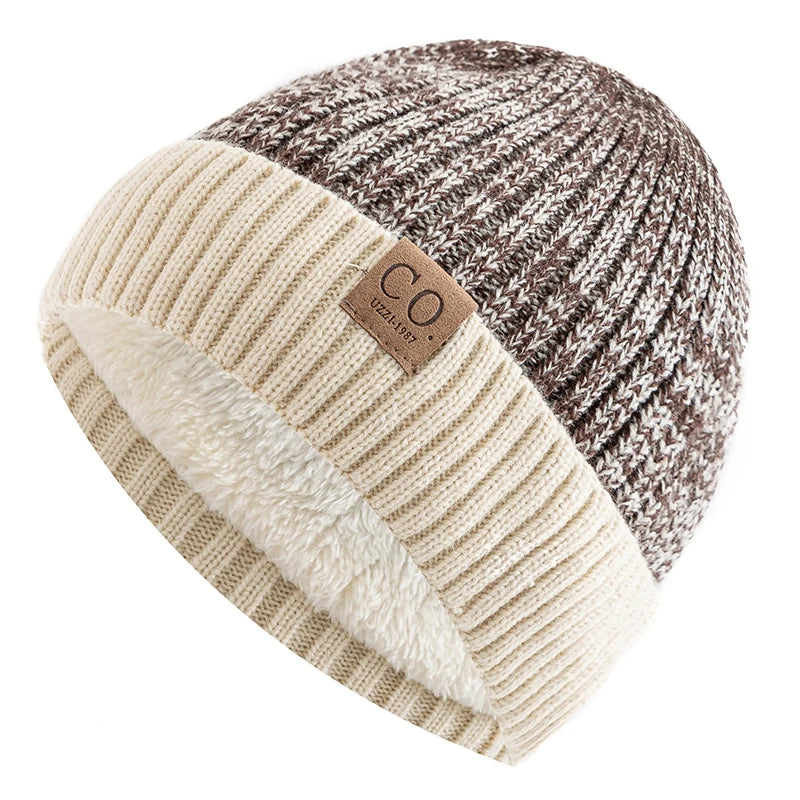 Unisex Two-tone Winter Hats Fur Lined Warm Beanie Cap for Men Women