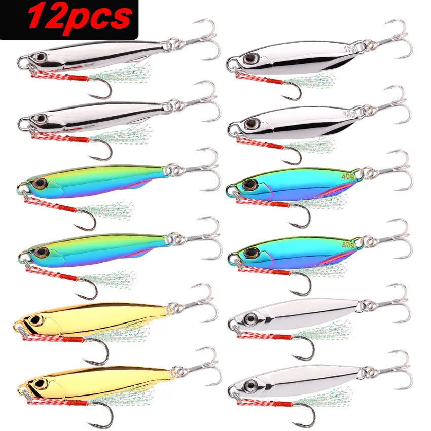 12Pcs Fishing Lure Metal Jigs Spoon Bait 40g 30g 20g 15g Mackerel Bass