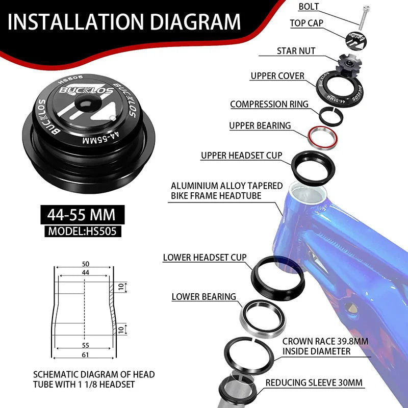 Bike Headset 1-1/8" Sealed Bearing 34/44/50.6/52/55/56mm MTB Fork