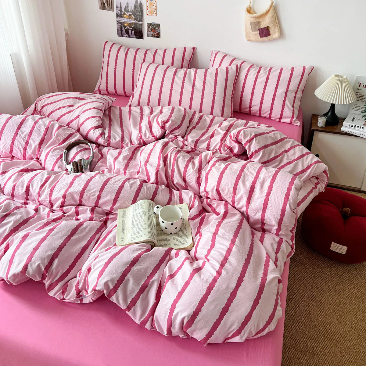 3pcs Pink Striped Duvet Cover Bedding Set with Pillowcases Soft Cotton 150x200cm