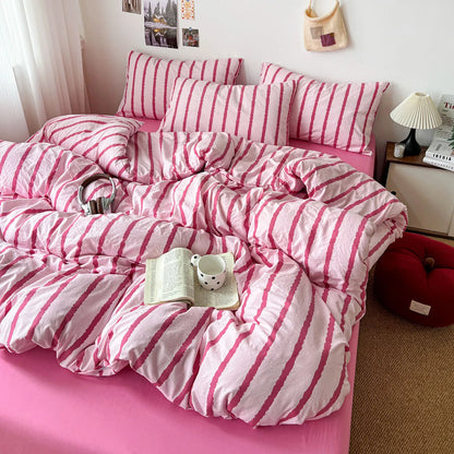 3pcs Pink Striped Duvet Cover Bedding Set with Pillowcases Soft Cotton 150x200cm