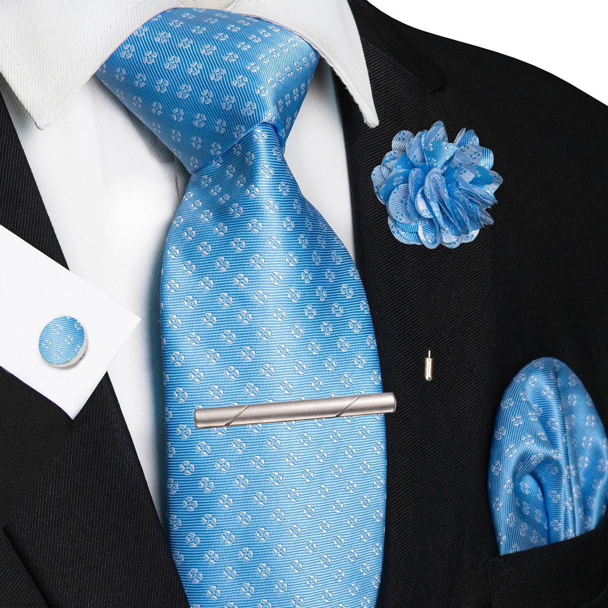 Men's Plaid Tie Clip Set with Pocket Square Cufflinks Wedding Accessories