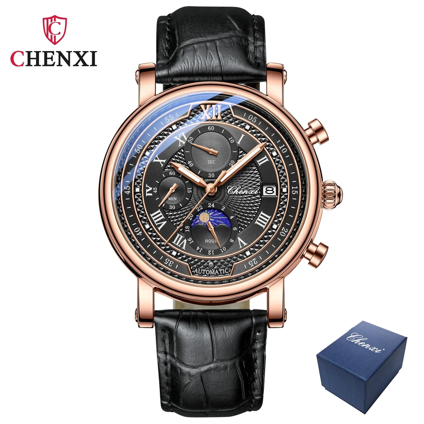 Chenxi 976 Leather Chronograph Date Men's Phase Of The Moon Timing Business Luminous Quartz Watch Relojes para hombres-EXPROTAS