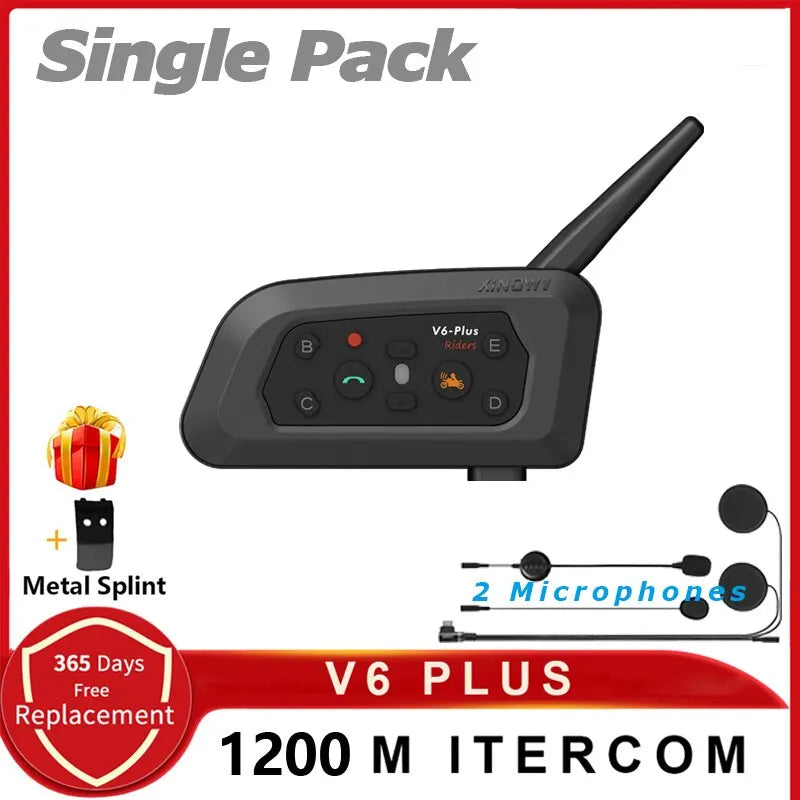 XiNOWY V6 Plus Motorcycle Bluetooth Intercom Helmet Headset 1200m Waterproof 6 Riders