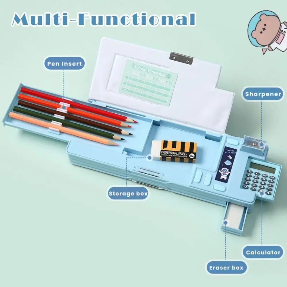 Double Layer Pencil Case with Calculator Sharpener Storage Box for School