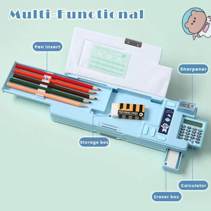 Double Layer Pencil Case with Calculator Sharpener Storage Box for School