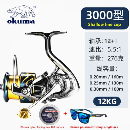 Okuma Fishing Reel 12+1BB Max Drag 15KG Spinning Reel 1000-5000 Size