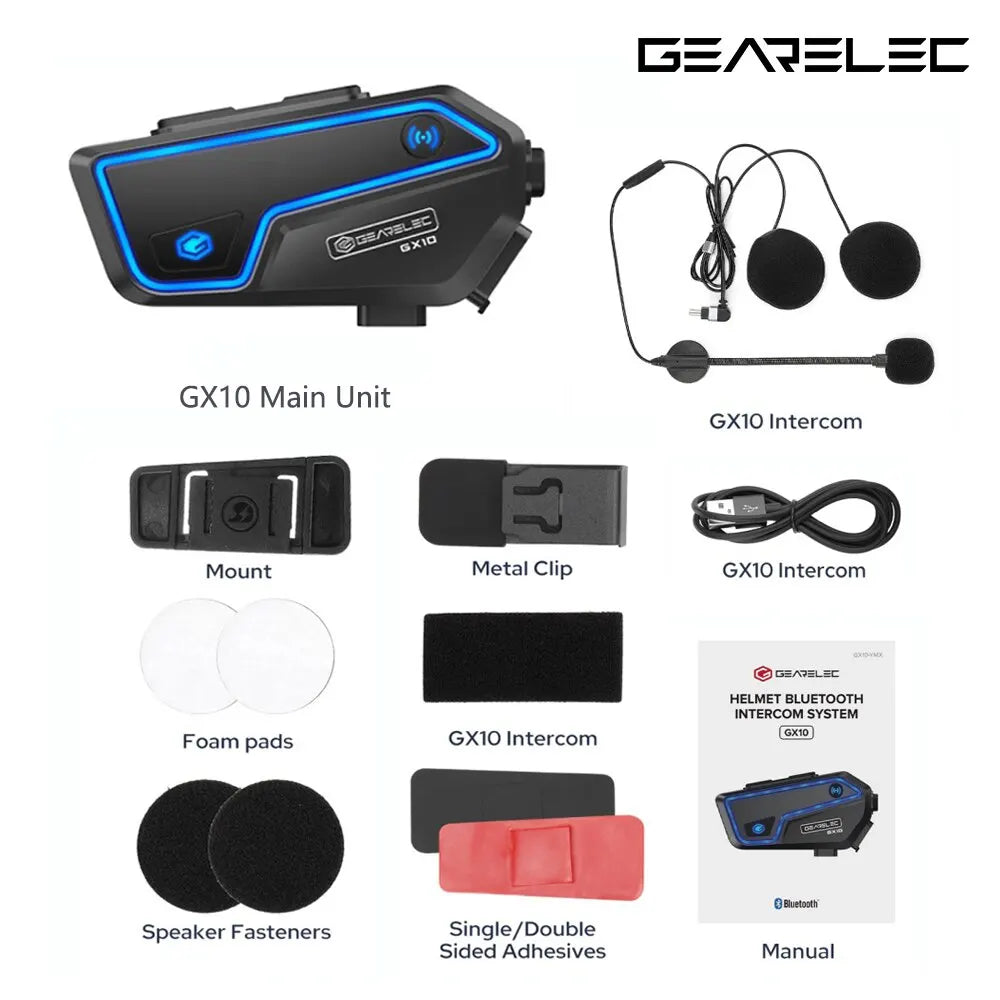 GEARELEC GX10 Motorcycle Intercom Helmet Bluetooth Headset 10 Riders 2km MOTO Communicator Interphone FM Music Sharing PK B4FM-X-EXPROTAS