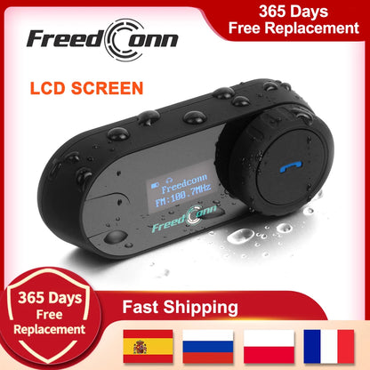 FreedConn Bluetooth Motorcycle Intercom Helmet Headset Wireless Motorbike Head Interphone LCD Screen FM Earphone