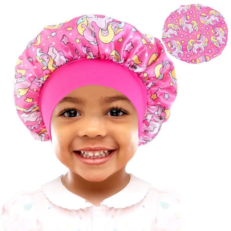 Curly Hair Adjustable Kids Satin Bonnet Sleep Cap Cartoon Hat for Baby