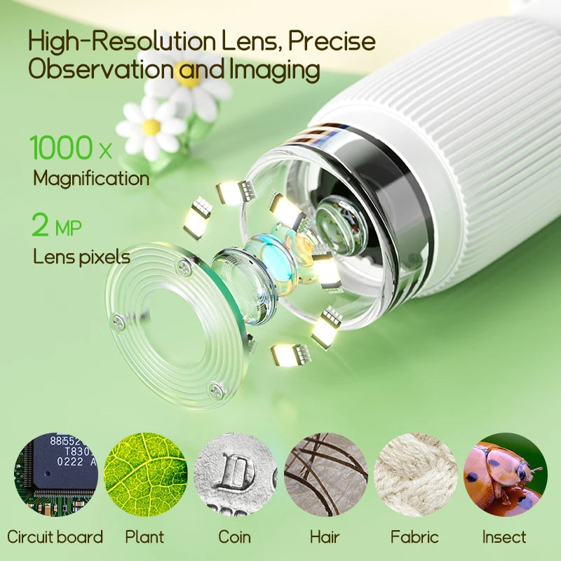 1000X Handheld Digital Microscope for Kids with 2 Inch Screen & LED Lights