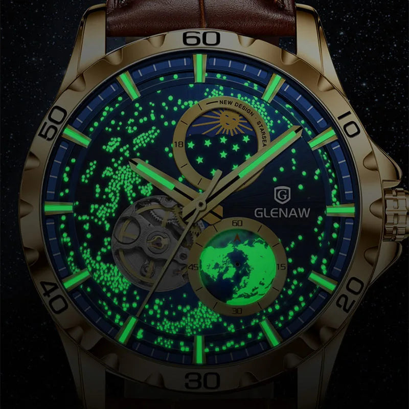 GLENAW Rotating Earth Double Second Hand WristWatch Men Automatic Mechanical Watch Starry Sky Stainless Steel Leather Watchband-EXPROTAS