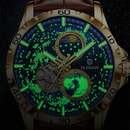 GLENAW Rotating Earth Double Second Hand WristWatch Men Automatic Mechanical Watch Starry Sky Stainless Steel Leather Watchband-EXPROTAS