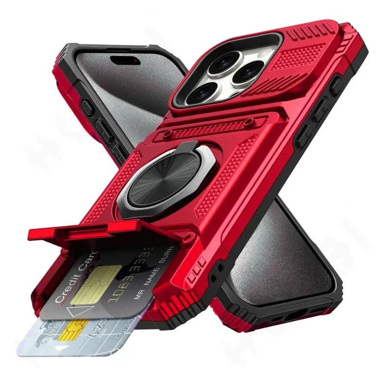 iPhone 11-16 Pro Max Ring Kickstand Wallet Case Heavy Duty Shockproof Cover