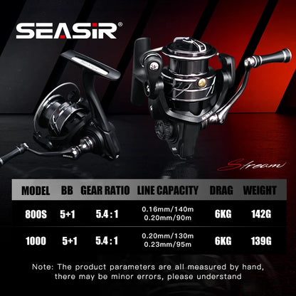 Ultralight Spinning Reel 139g 5+1BB 6kg Drag Seasir Stream Carbon Washers