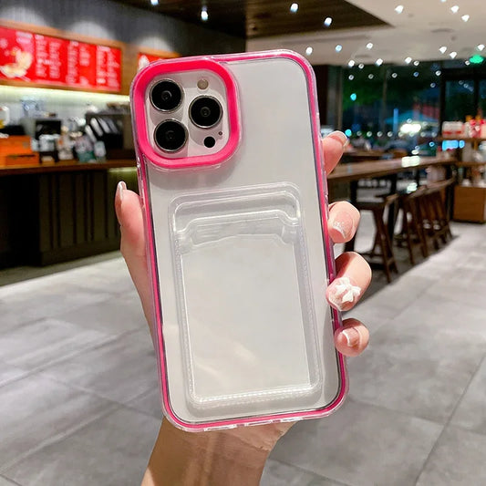 Transparent Card Holder Shockproof Soft Case for iPhone 12-16 Pro Max