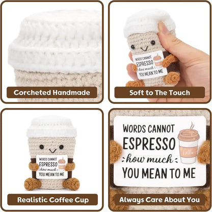 Funny Crochet Emotional Support Coffee Doll Handmade Desk Ornament Gift