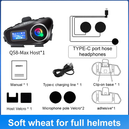 Q58 Max Motorcycle Helmet Bluetooth Intercom with Music Sharing 500m Range