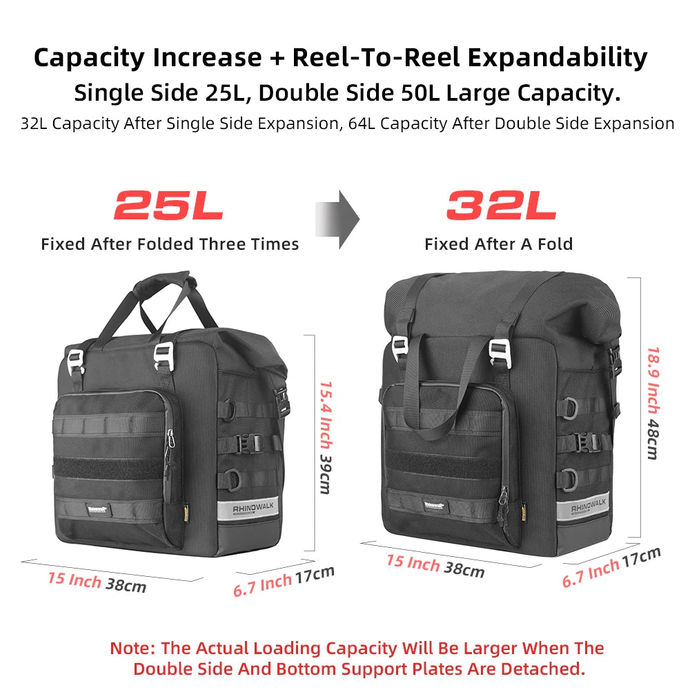 Rhinowalk Motorcycle Side Pannier Bag 25-32L Waterproof Expandable Quick Release