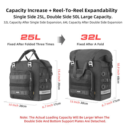 Rhinowalk Motorcycle Side Pannier Bag 25-32L Waterproof Expandable Quick Release