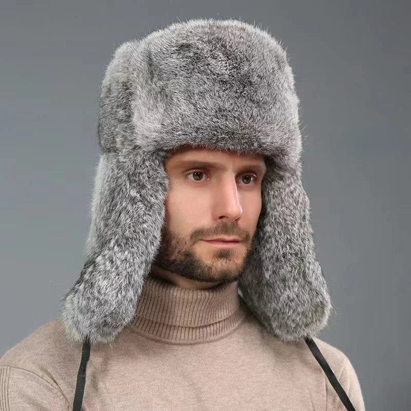 Winter Russian Man Woman Wholeskin Faux Rex Rabbit Fur Hats Luxury Faux Sheep Skin Leather Cap Fur Bomber Hat Ushanka Hats-EXPROTAS