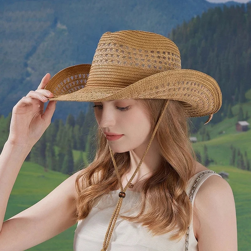 Windproof Strap Denim Straw Hat for Men Women Beach Outdoor Sun Protection