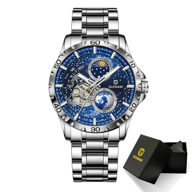 GLENAW Rotating Earth Double Second Hand WristWatch Men Automatic Mechanical Watch Starry Sky Stainless Steel Leather Watchband-EXPROTAS