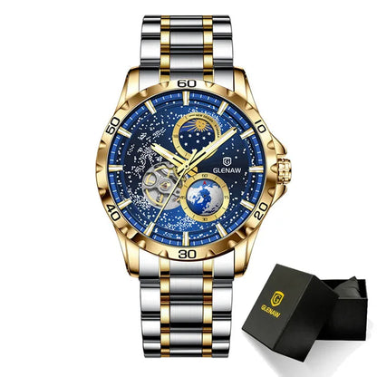 GLENAW Rotating Earth Double Second Hand WristWatch Men Automatic Mechanical Watch Starry Sky Stainless Steel Leather Watchband-EXPROTAS
