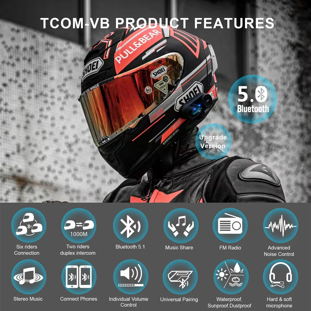 Freedconn Motorcycle Helmet Bluetooth Intercom BT5.1 FM Music Share Waterproof