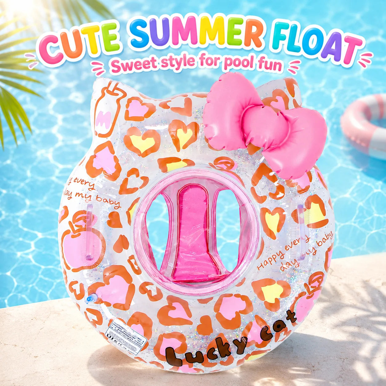 1PC Cute Cat Inflatable Swim Ring with Bowknot, Pool Floats Tube, Summer Water Toy Beach Swimming Circle for Family Pool Use