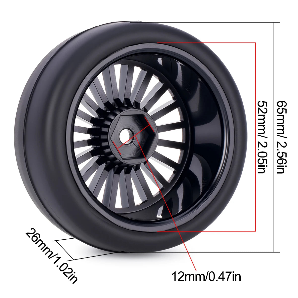 4PCS Pre-Glued RC Wheels Tyres 65x26mm 12mm Hex for TT01 TT02 XV01