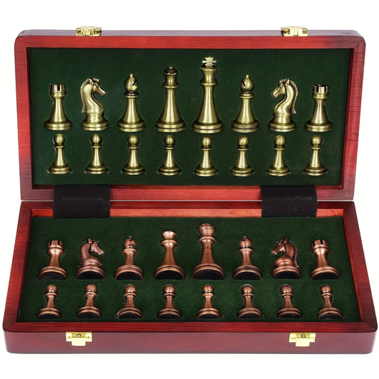 Large Metal Deluxe Chess Retro Copper Plated Alloy Chess Adult Set Board Game Portable Wooden Box Storage Folding Chess Set-EXPROTAS