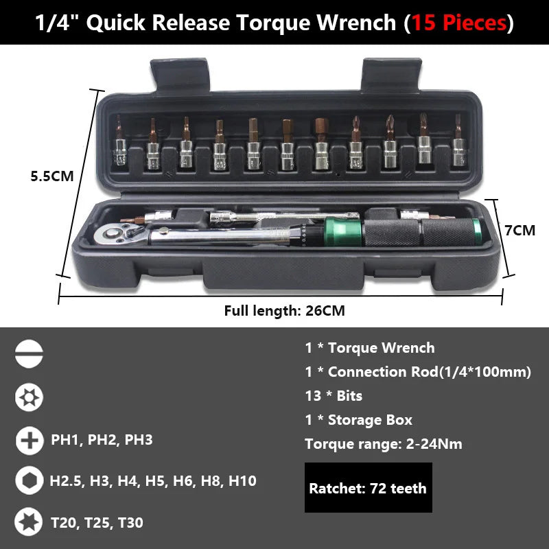 1/4'' Drive 2-24N.m Precise Double Scale Torque Wrench Set MTB Bike Socket Spanner Bicycle Motorcycle Ratchet Repair Toolbox Kit-EXPROTAS