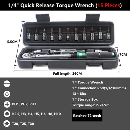 1/4'' Drive 2-24N.m Precise Double Scale Torque Wrench Set MTB Bike Socket Spanner Bicycle Motorcycle Ratchet Repair Toolbox Kit-EXPROTAS