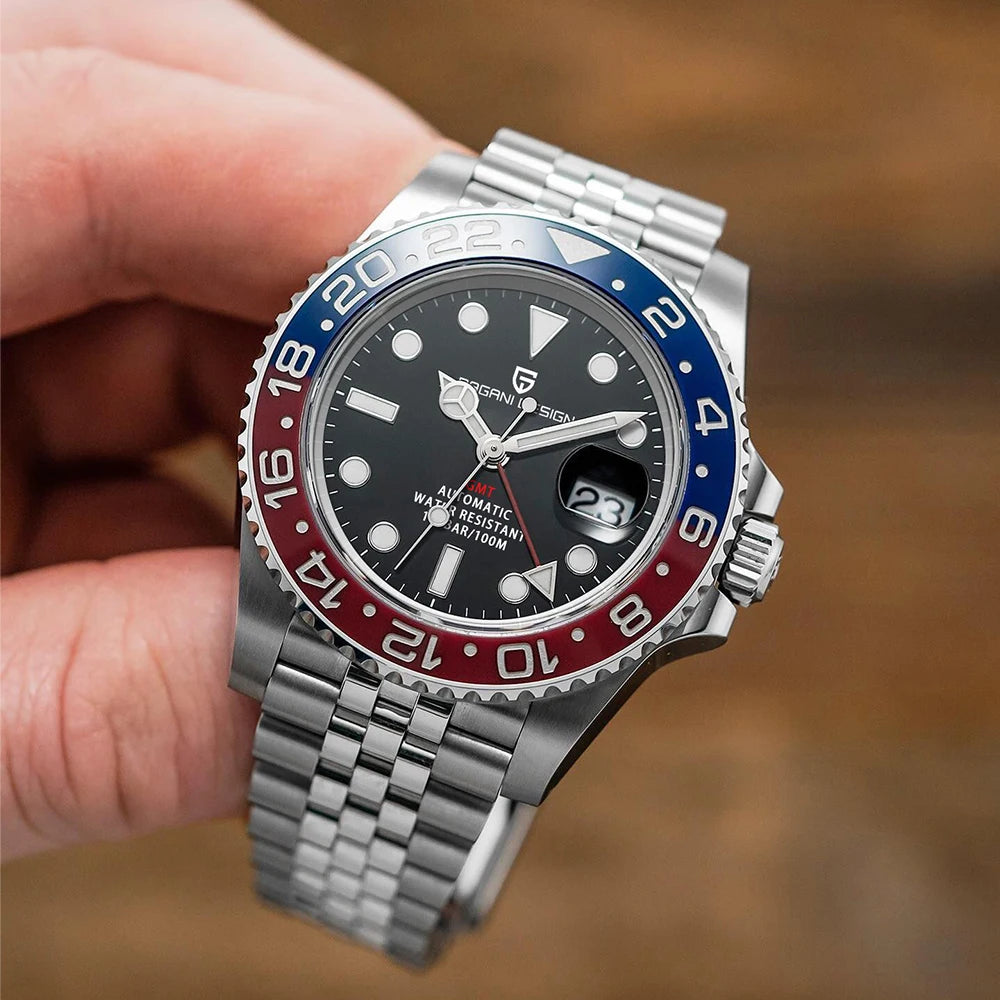 PAGAN DESIGN PD-1662 Luxury GMT Men Mechanical Wristwatch Sapphire Glass Stainless Steel 100M Waterproof Automatic Watches-EXPROTAS