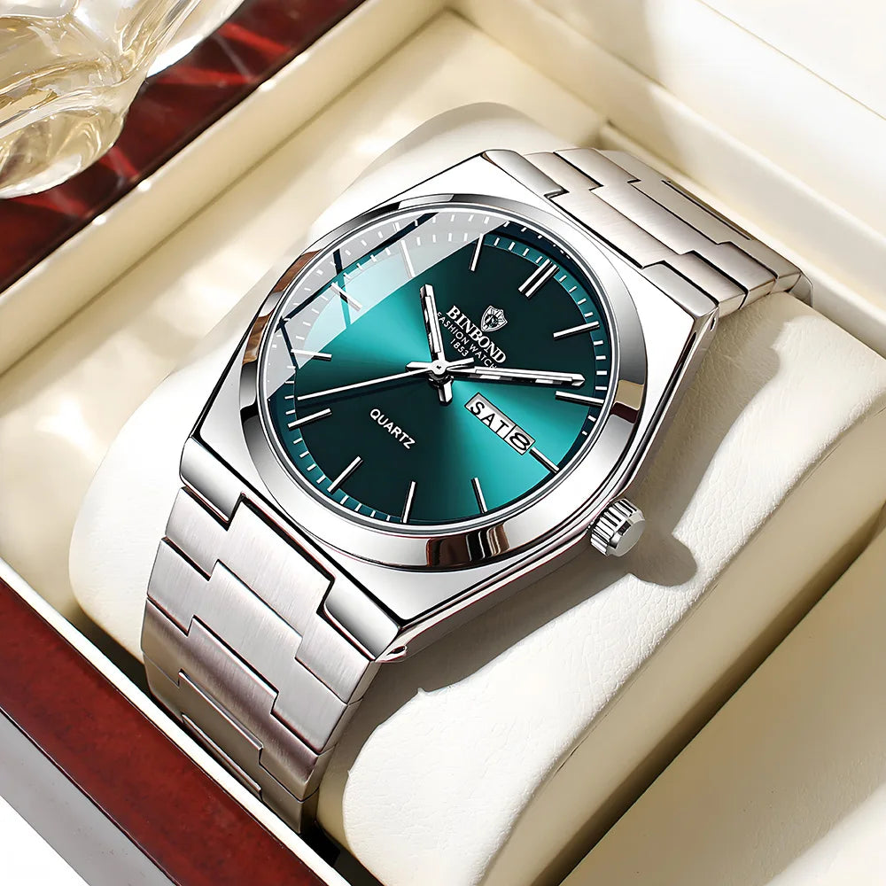 UTHAI Men’s Stainless Steel Watch Double Calendar Luxury Waterproof Business Quartz